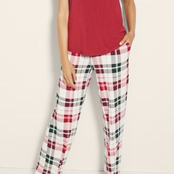 Soma Cool Nights Short Sleeve Pant Set Red Snuggle Up Plaid Large New - Picture 3 of 4